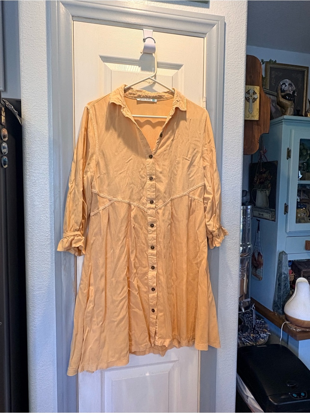 Flowy Long-Sleeve Button Front Dress in Peach